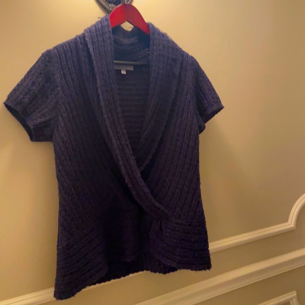 Navy blue short sleeve sweater ( Blended with silk cashmere mohair cotton wool)